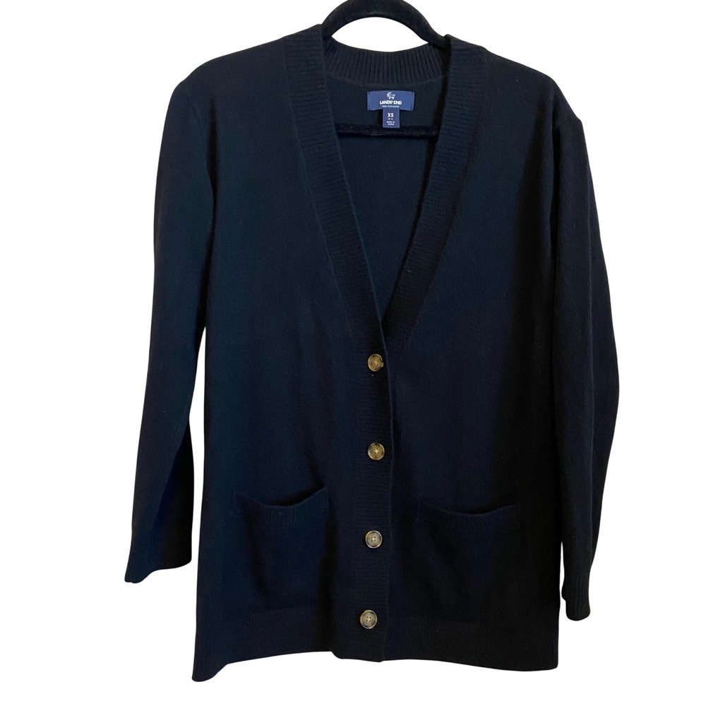 Lands End Womens XS Black 100% Cashmere V-Neck Button Front Cardigan Sweater